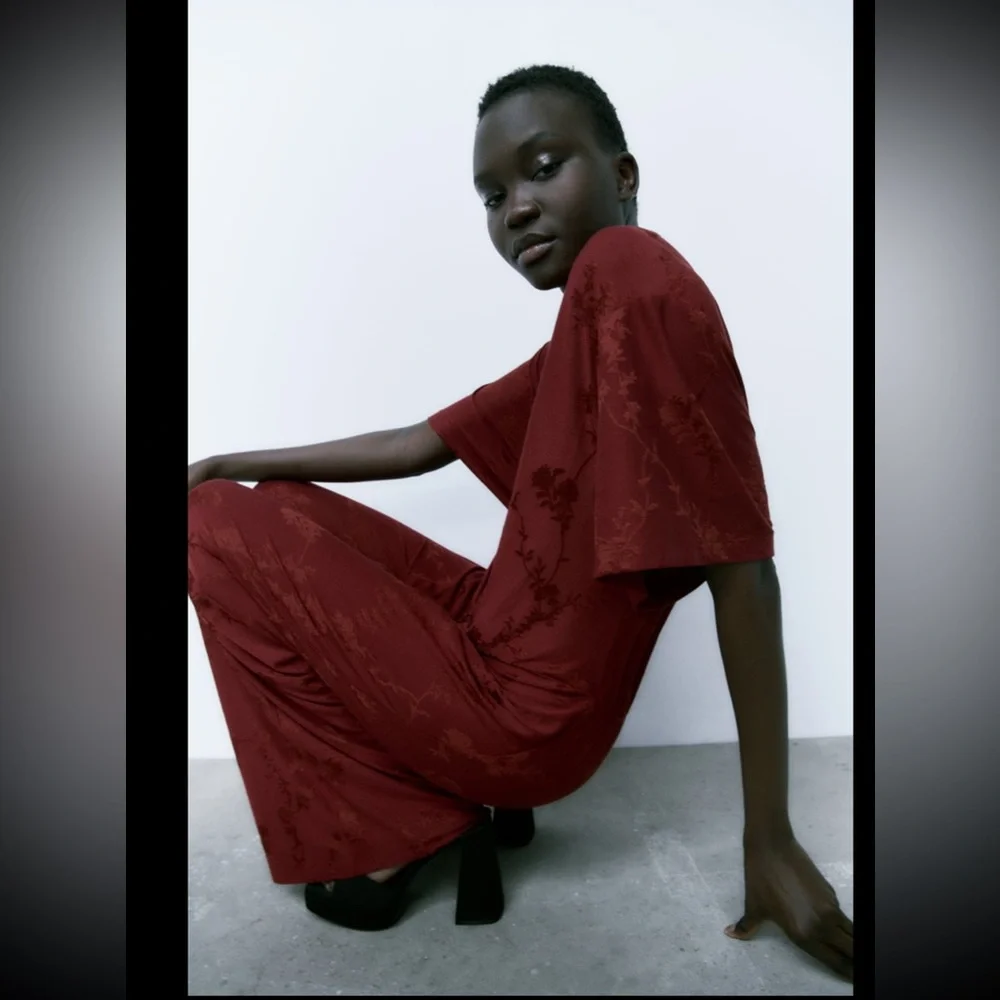 Zara Burgundy Jacquard Jumpsuit - Picture 2 of 8